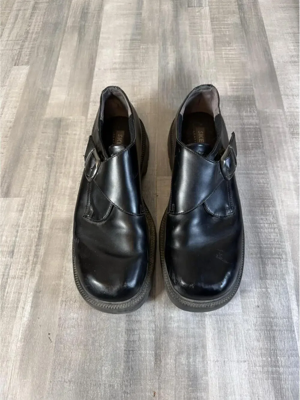Skechers Mens Size 13 Black Leather Y2K Chunky Buckle Strap Moto Goth Platform